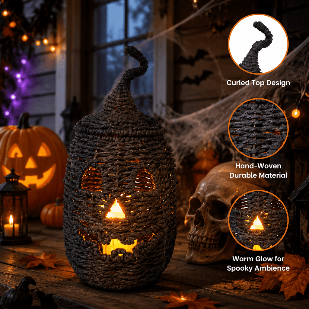 Handwoven Rattan Ghost Lantern with Witch Hat - 13.78 Inch White Wicker Ghost Decor, Light Up Halloween Decorations for Indoor Outdoor, Porch, Patio, Spooky Home Decor, Fall Harvest