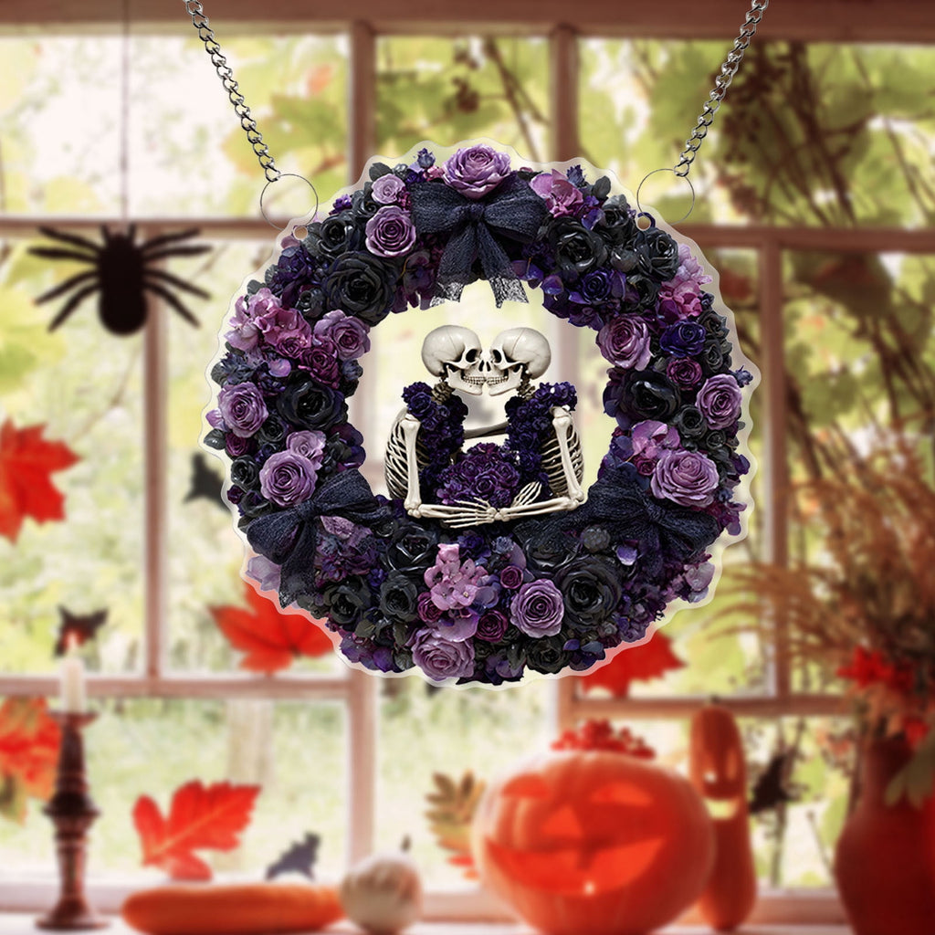 Halloween Fall 2D Pendant,2026 Front Door Pumpkin Skull Wreath,Maple Leaves Decorations Outdoor Indoor for Table Centerpiece Thanksgiving,Colorful Acrylic Round Disk Hanging Ornament,Window