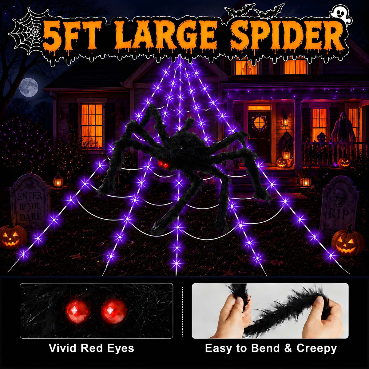 VOLIVO Halloween Spider Web Lights, 5 FT Giant Spider + 15.7 x 16.4 FT Light-up Triangular Web, 250 LED 8 Modes Waterproof Decor for Indoor Outdoor (Purple)