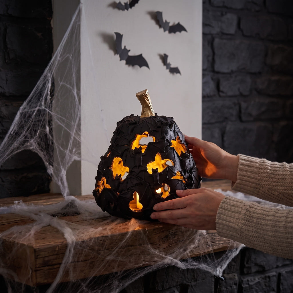 Light-Up Resin Bat Pumpkin Decoration, Black, 7.7", Halloween by Way To Celebrate