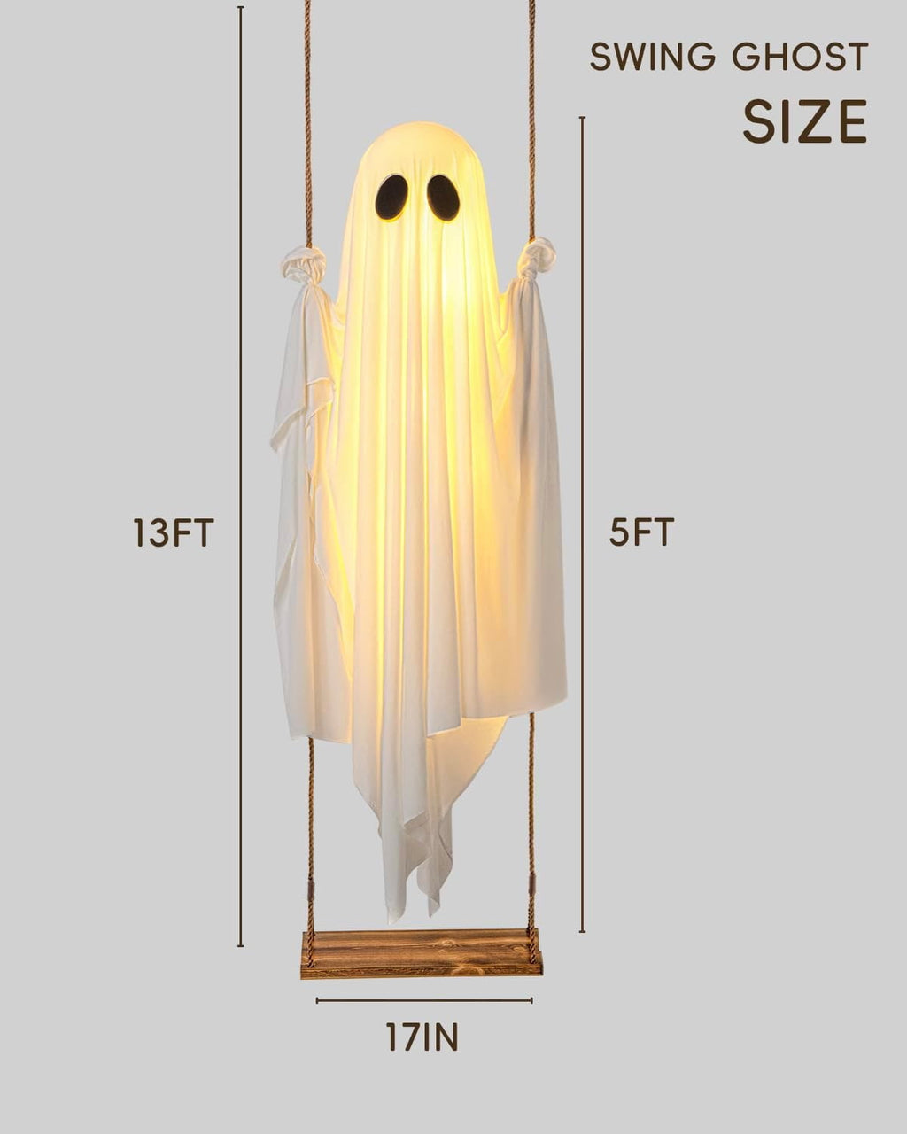 Halloween Decorations Outdoor - 5 FT Large Hanging Swing Halloween Ghost Decor with String Lights - Spooky Cute Ghosts Decorations for Front Porch Yard Tree