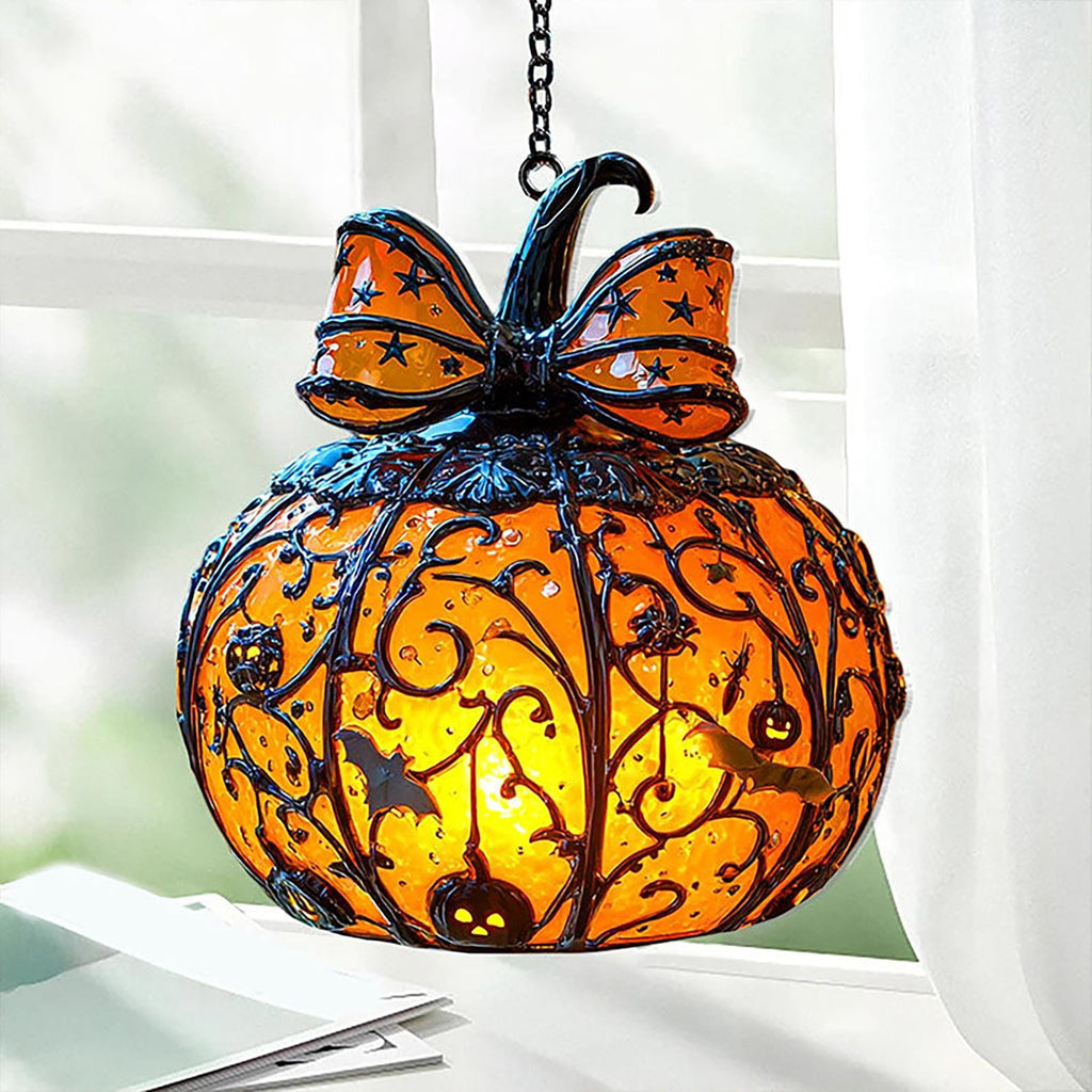AZXY Stained Glass Hanging Pumpkin Ornament, Halloween Decor, Halloween Pumpkins, Halloween Decorations, Halloween Party Decor,Bat Star Pumpkin Hanging Decor for Indoor Window Tabletop