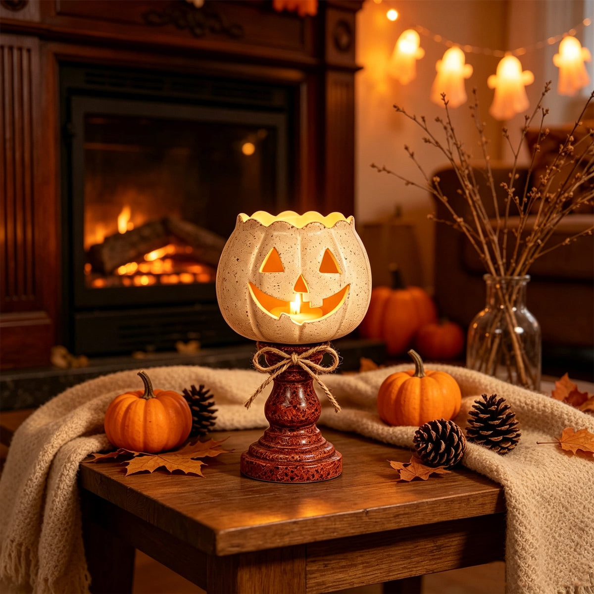 Halloween Lamp Indoor Tabletop Decorations, LED Lighted Wooden Pumpkin with Vintage Pedestal Stand and Rope Bow, 8.7 Inch Rustic Halloween Decor for Home Mantel Entryway