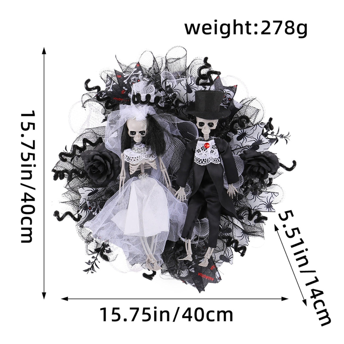 SWSUSN Halloween Creepy Wreath For Front Door 16 Inch Artificial Plastic Skeleton Bride And Groom Wreath Halloween Gothic Wreath Hanging Decoration For Home Party Halloween Front Porch Wreath