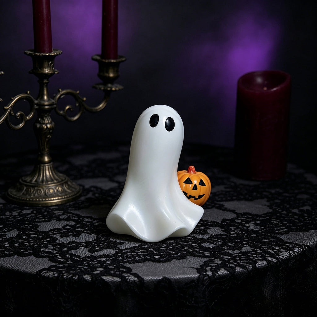 Halloween Ghost Figurine, Resin Lighted Ghost Ornament with Pumpkin Lantern & Beverage Cup, Tabletop Halloween Indoor Decor