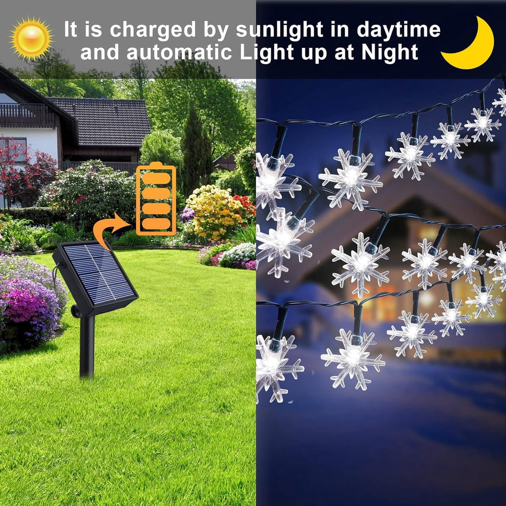 Qoosea Solar Lights Outdoor, Waterproof 100 LED Snowflake Fairy Lights, 39 ft Outdoor Christmas Decoration, String Lights for Party, Patio, Room Decor