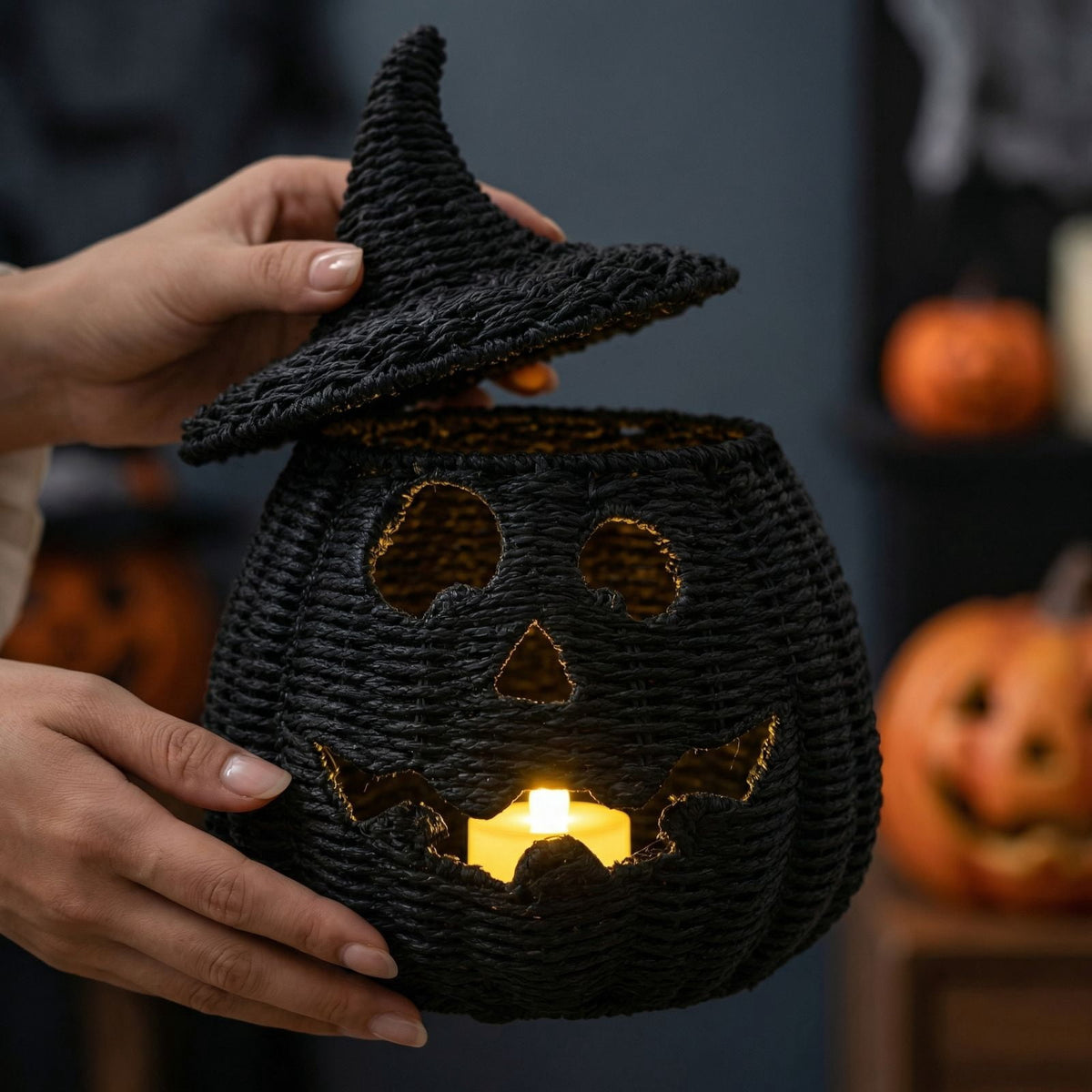 Aximioll Halloween Black Woven Jack-O-Lantern Pumpkin Decor, Hand Woven Rattan Wicker Style Statue, Trick or Treat Candy Bowl Lantern for Porch Entryway Fireplace Mantel Table, Black, 11 Inches