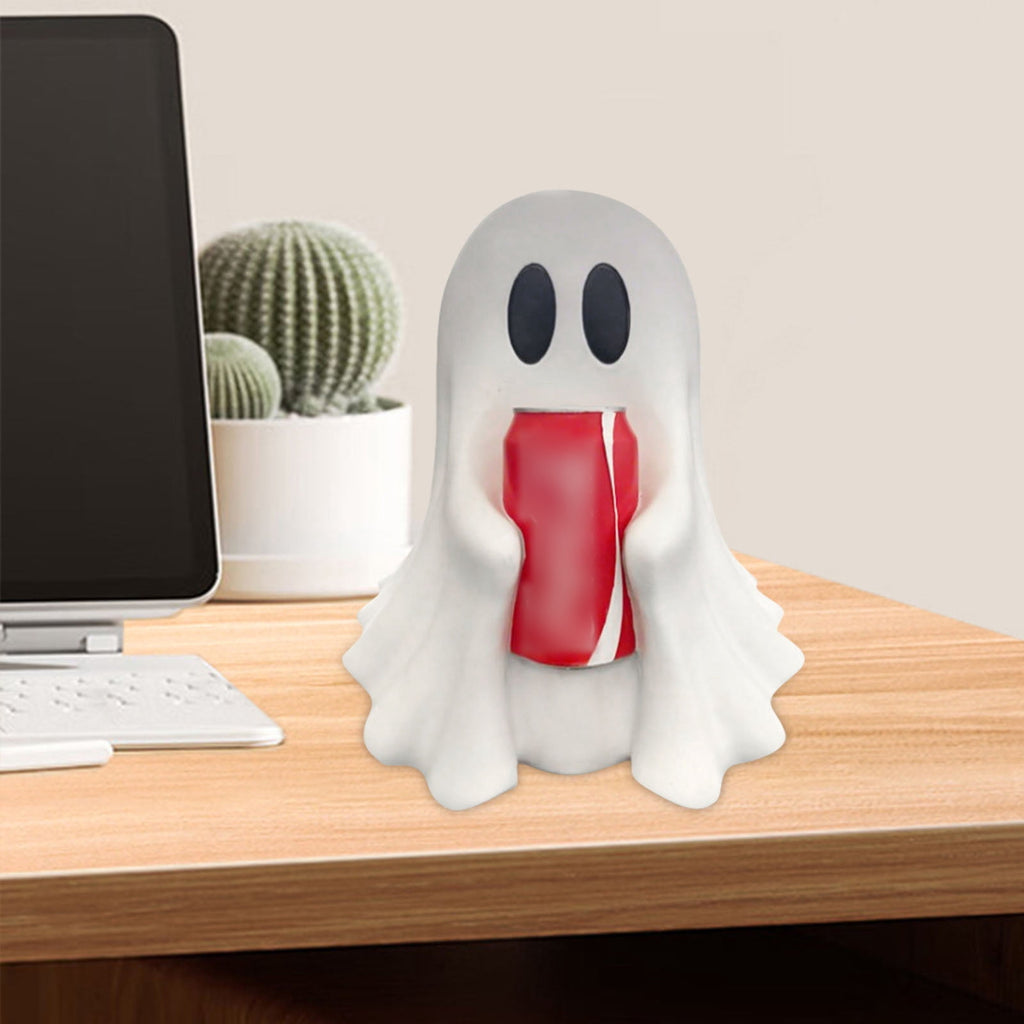 Halloween Ghost Figurine, Resin Lighted Ghost Ornament with Pumpkin Lantern & Beverage Cup, Tabletop Halloween Indoor Decor