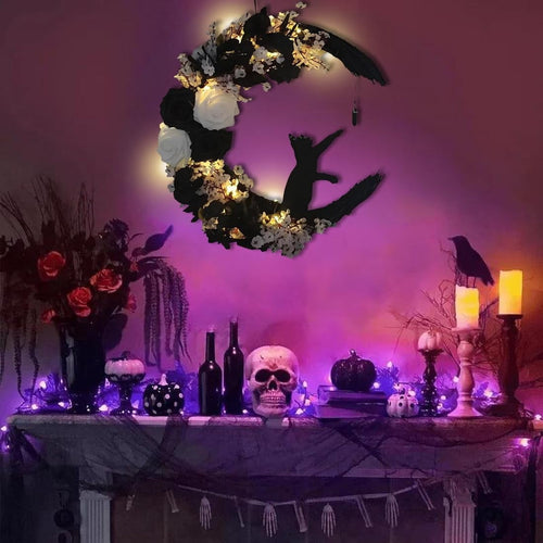14" Halloween Wreath for Front Door Halloween Moon Cat Wreathr with Rose Floor for Home Decoration Cat Moon Hanging Wreath Decoration for Home Party Indoor Outdoor