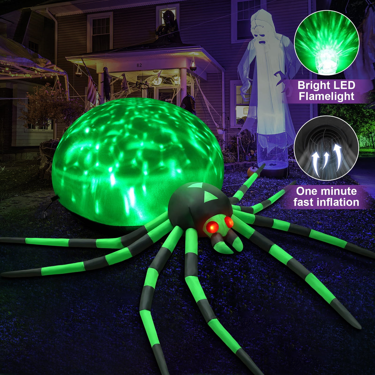 Yexmas 8FT Halloween Inflatables Outdoor Decorations Giant Spider Decorations with LED Lights and Air Pump Blow up Inflatable, Purple