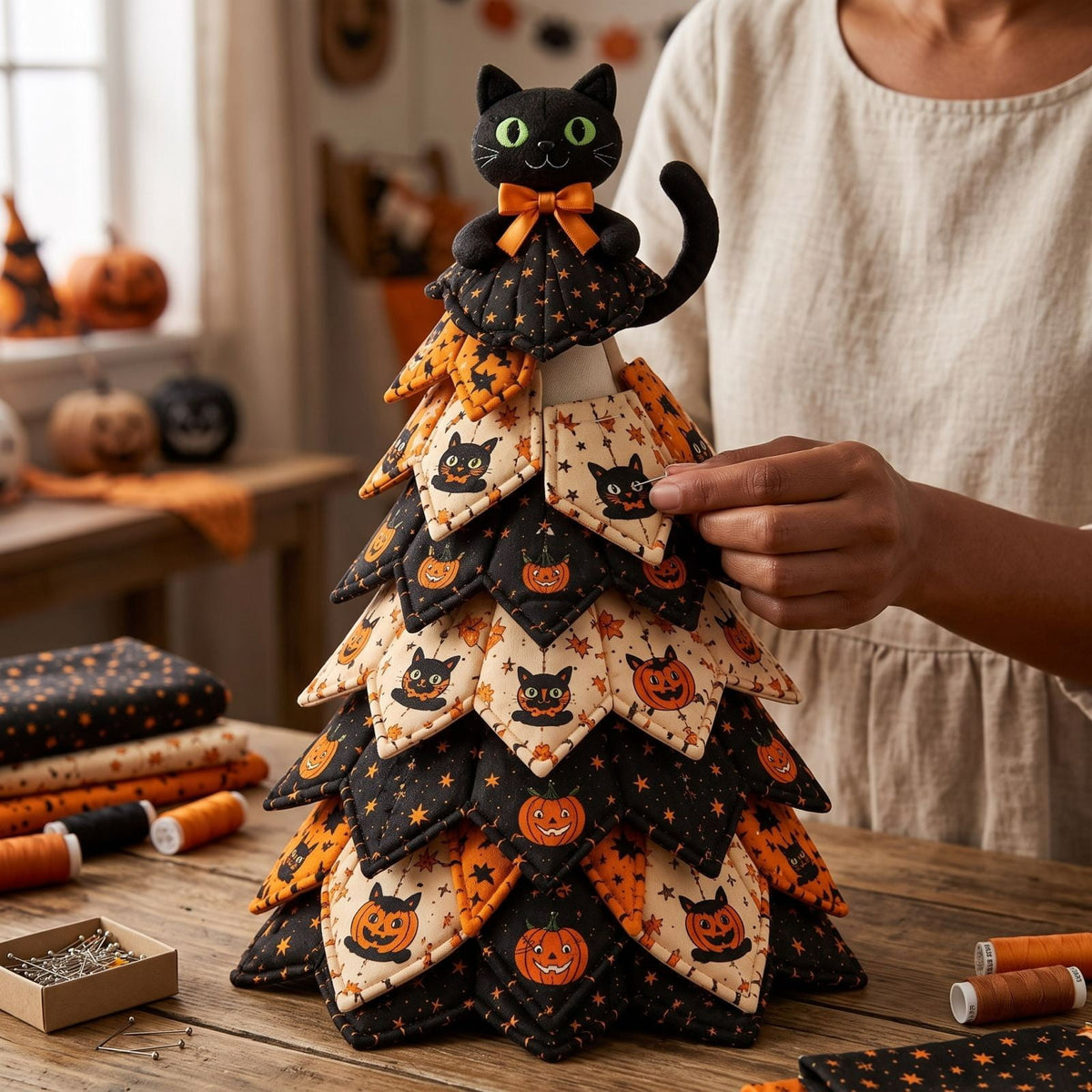 Lypsnake DIY Halloween Quilted Fabric Tree Kit, Vintage Pumpkin Sunflower Patchwork, 3D Padded Sewing Craft Project for Autumn Harvest Decor
