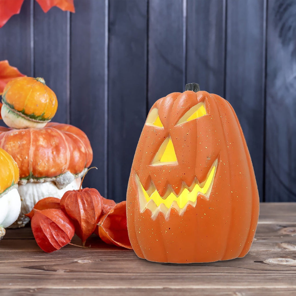 QYROS Spooky LED Light-Up Halloween Pumpkin Decoration with Glitter Finish for Indoor and Outdoor Use, 12-Inch
