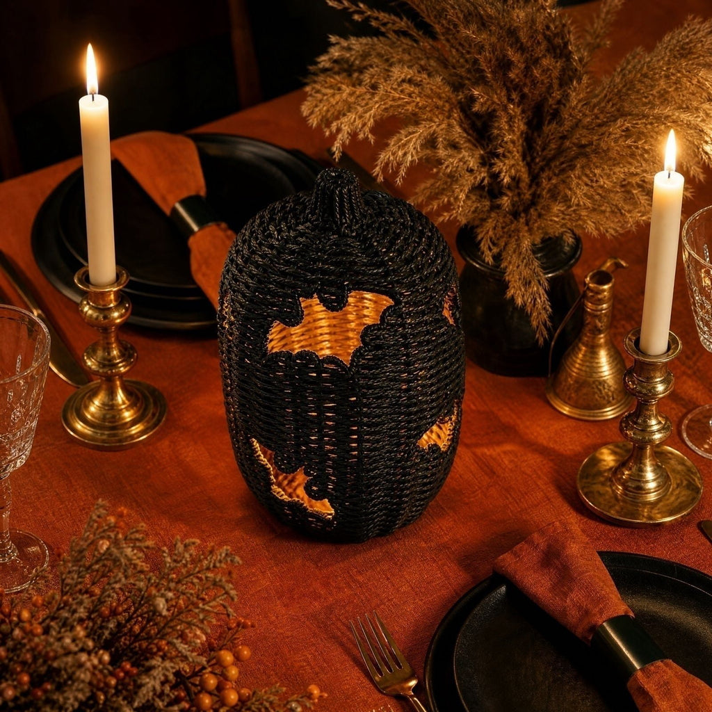 Aximioll Halloween Black Woven Jack-O-Lantern Pumpkin Decor, Hand Woven Rattan Wicker Style Statue, Trick or Treat Candy Bowl Lantern for Porch Entryway Fireplace Mantel Table, Black, 11 Inches