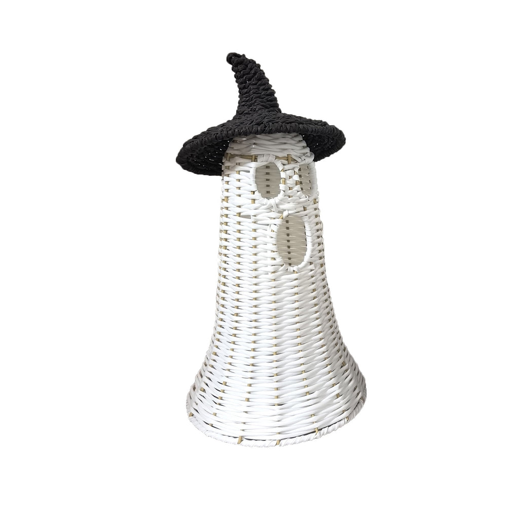 Handwoven Rattan Ghost Lantern with Witch Hat - 13.78 Inch White Wicker Ghost Decor, Light Up Halloween Decorations for Indoor Outdoor, Porch, Patio, Spooky Home Decor, Fall Harvest