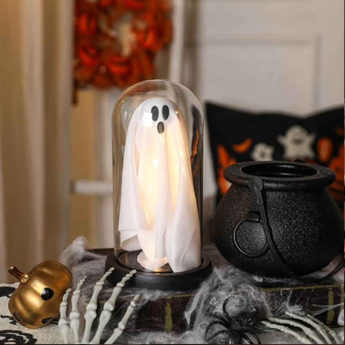 Orangide Halloween Ghost Cloche Night Light Fabric Ghost Lamp with Glass Dome for Mantel Shelf Spooky Party and Home Decor Ornament