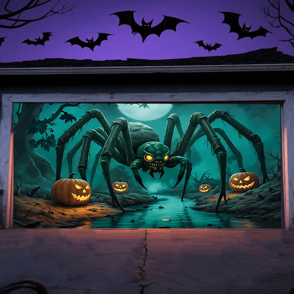 Loyerfyivos Halloween Garage Door Decorations Banner Christmas Giant Spider Halloween Garage Door Cover 6x13Ft Pumpkin Bat Spider Web Horror Large Halloween Garage Door Banner Backdrop for Wall Decor