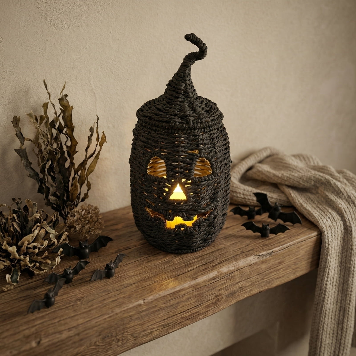 Moonsky Lighted Rattan Pumpkin, 12.2-Inch Hollow-Carved Design, Integrated Warm-Glow LED, Festive Halloween Atmosphere Decor