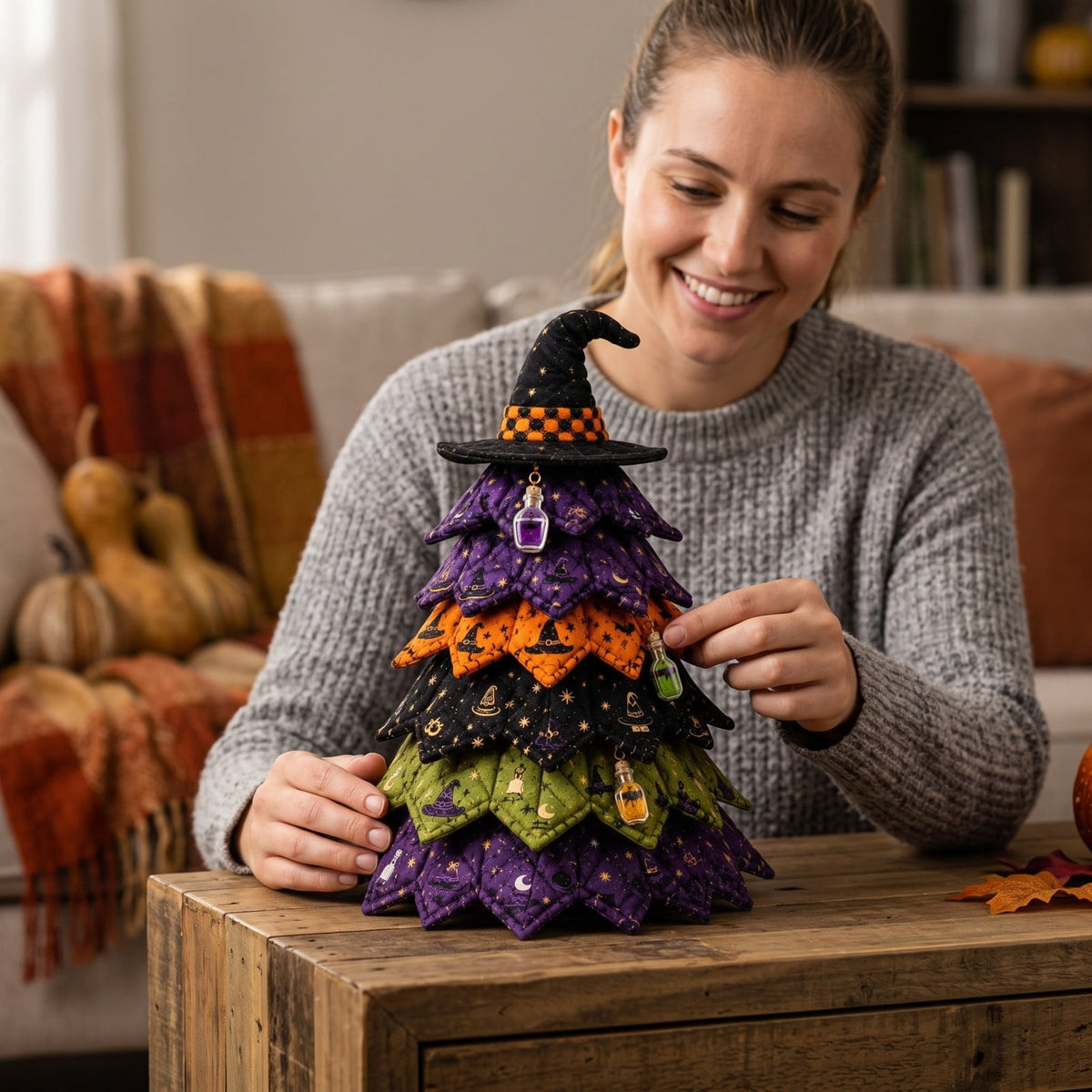 Lypsnake DIY Halloween Quilted Fabric Tree Kit, Vintage Pumpkin Sunflower Patchwork, 3D Padded Sewing Craft Project for Autumn Harvest Decor