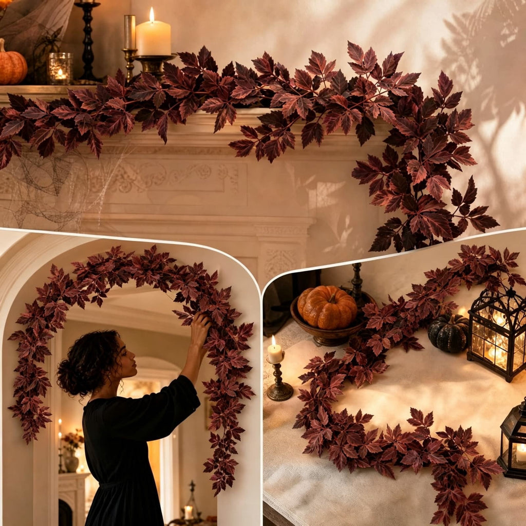 Halloween Black Garland with LED Lights 70.87 Inch Gothic Foliage for Mantel Stair Halloween Party Home Indoor Decor