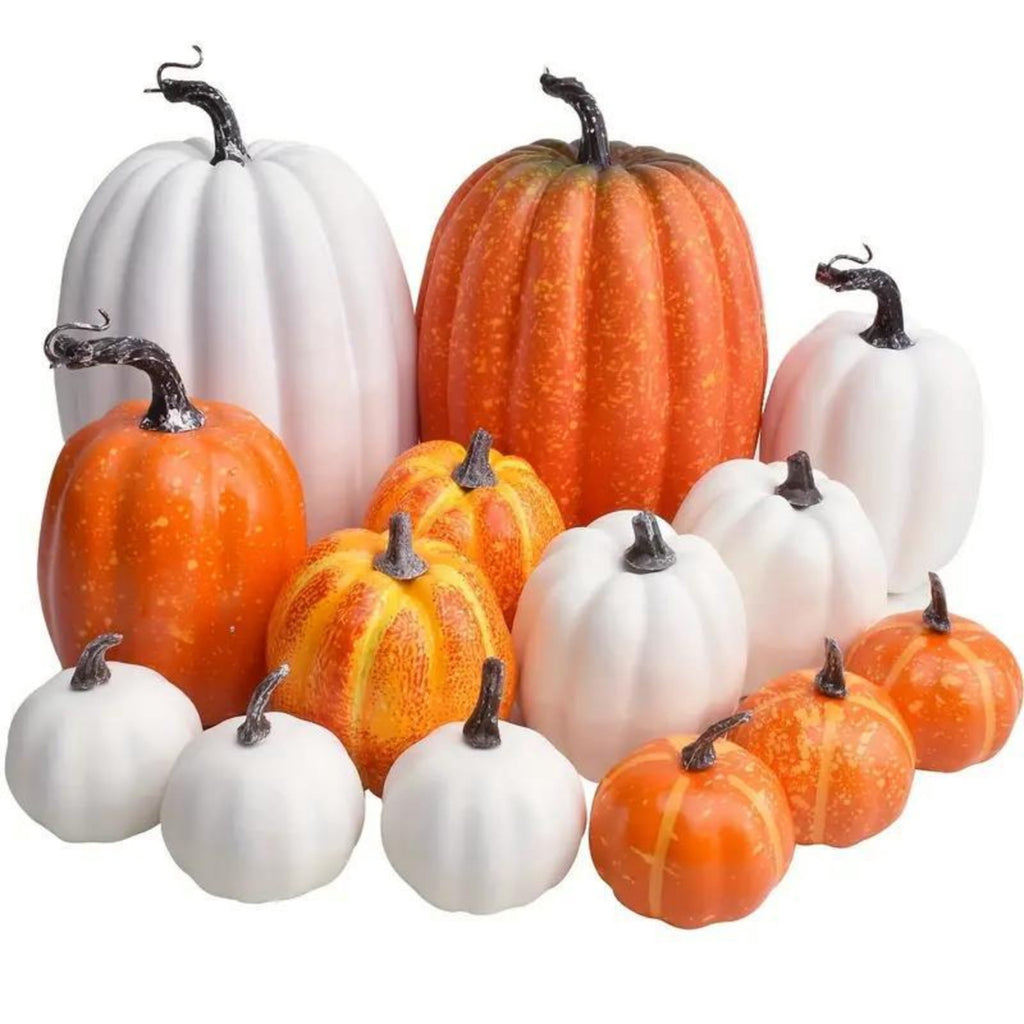7Pcs Artificial Pumpkins Fall Decoration Assorted Faux Pumpkin Cute Foam Pumpkins for Home Outside Halloween Decorating (White)