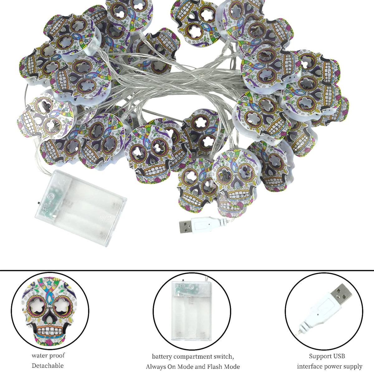 Ayieyill Halloween String Lights, 15ft 30 LED Skull Halloween Lights Halloween Decorations Indoor Outdoor