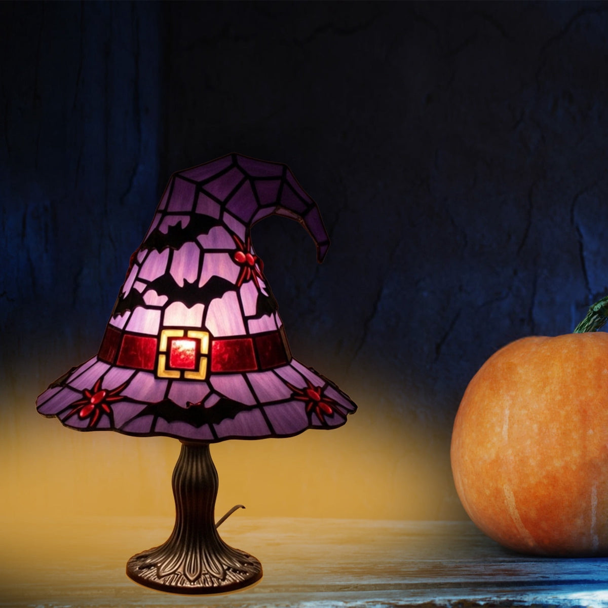 Stained Glass Witch Hat Lamp Gothic Halloween Lighting Decor, Vintage Witchy Hats Night Lights, Handcrafted Retro Resin Table Lamp for Bedroom, Living Room & Home Decor