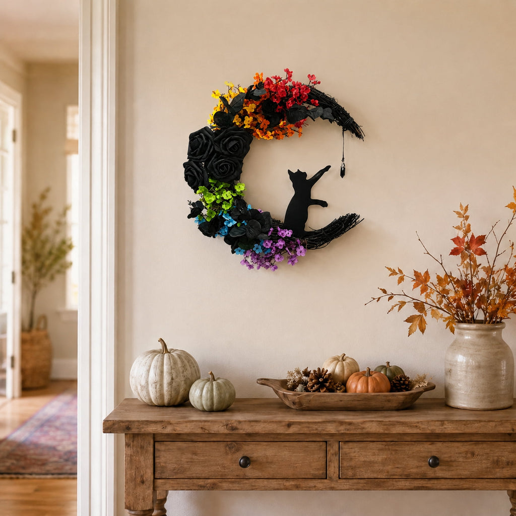Circlecity Halloween Black Cat Wreath, 14.9" Colorful Crescent Moon Wreath with Artificial Flowers, Gothic Front Door Decor