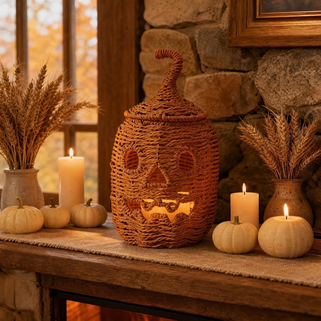 Aximioll Halloween Black Woven Jack-O-Lantern Pumpkin Decor, Hand Woven Rattan Wicker Style Statue, Trick or Treat Candy Bowl Lantern for Porch Entryway Fireplace Mantel Table, Black, 11 Inches
