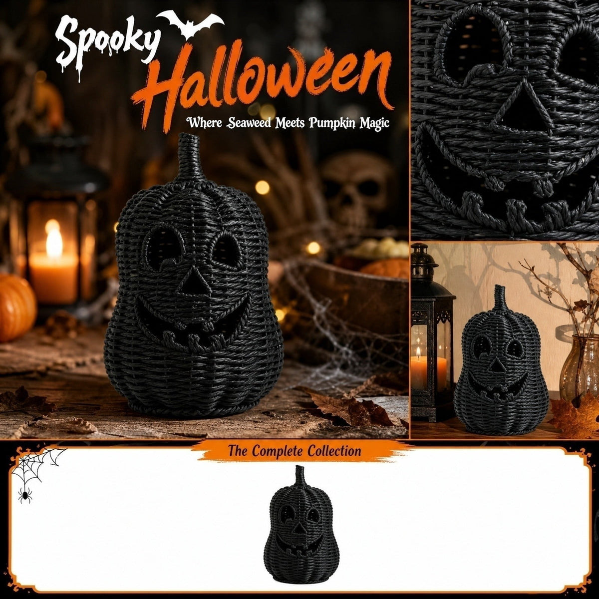 Aximioll Halloween Black Woven Jack-O-Lantern Pumpkin Decor, Hand Woven Rattan Wicker Style Statue, Trick or Treat Candy Bowl Lantern for Porch Entryway Fireplace Mantel Table, Black, 11 Inches