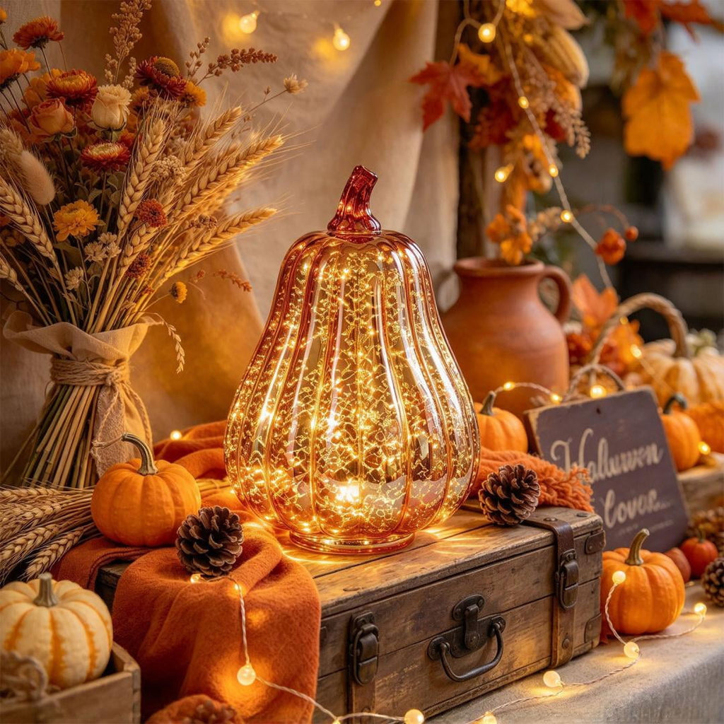 Fall Mercury Glass Light up Pumpkin Decor Fall Decoration for Home Thanksgiving Lamps for Festive Decoration Halloween Decorations Starry Night Pumpkins Tabletop Centerpiece Fall Home Decor