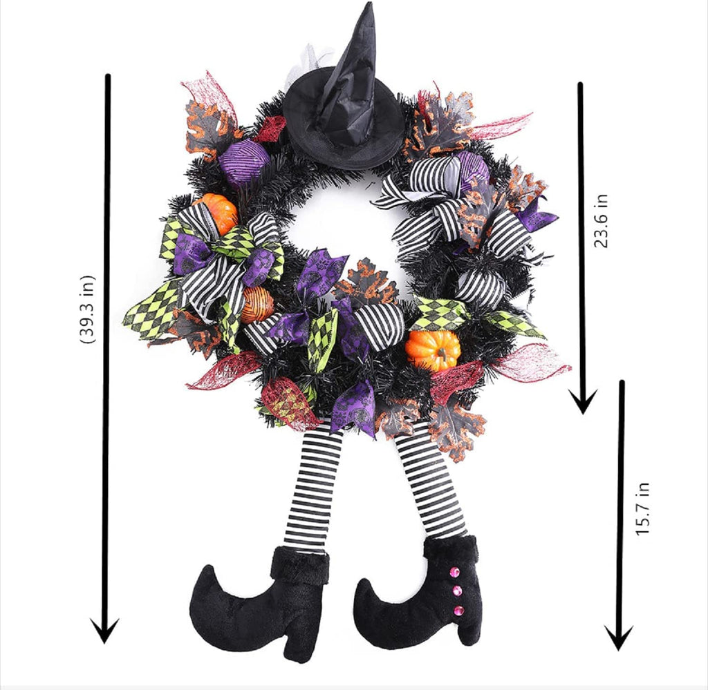 Onedor Happy Halloween Wreath 39 Inch Witch Hat Legs Pumpkin Door Decorations Artificial Handmade Wreath for Front Door or Indoor Wall Decor