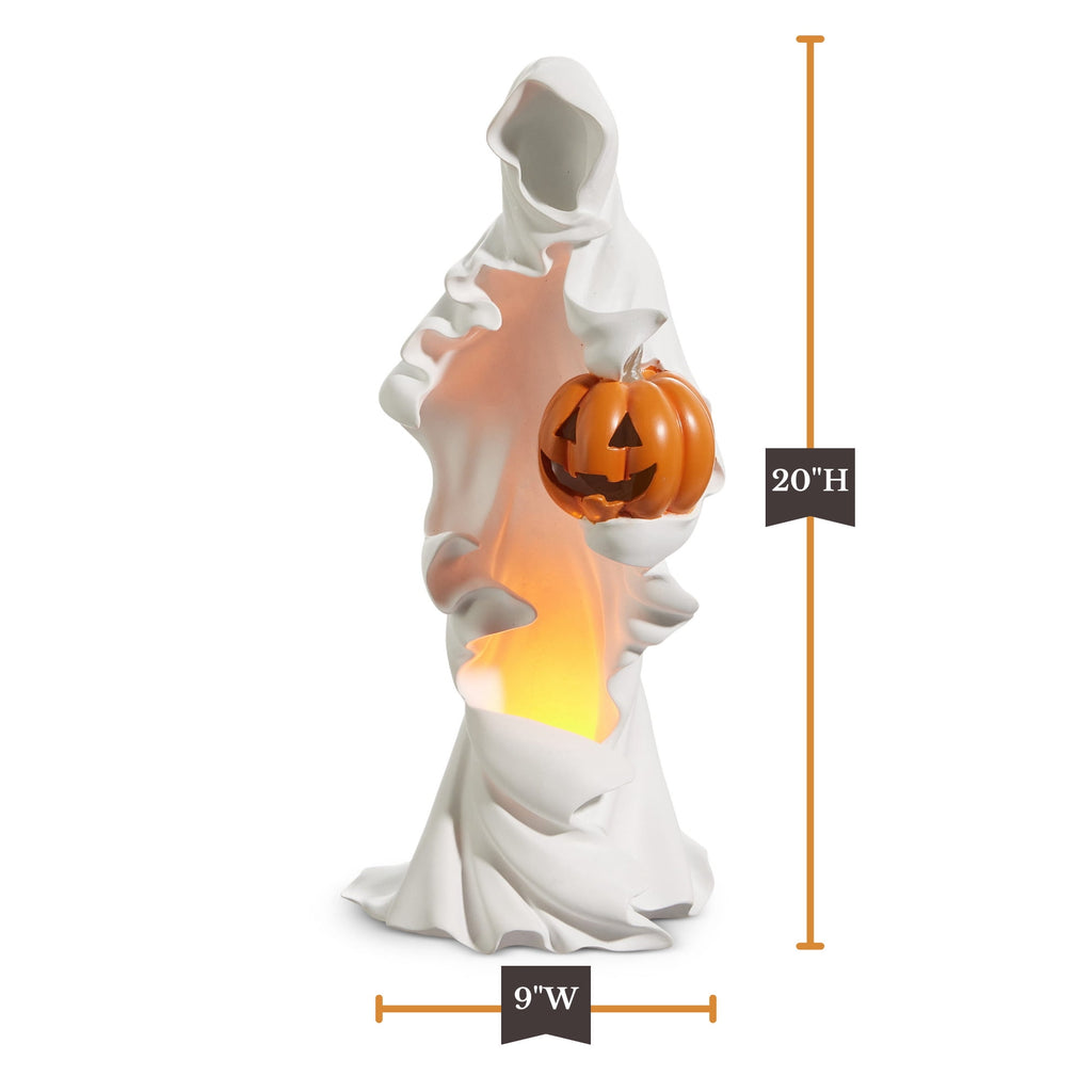 RAZ Imports 20" Ghost Phantom with Pumpkin Light-Up LED Halloween Decoration Statue, Battery-Operated