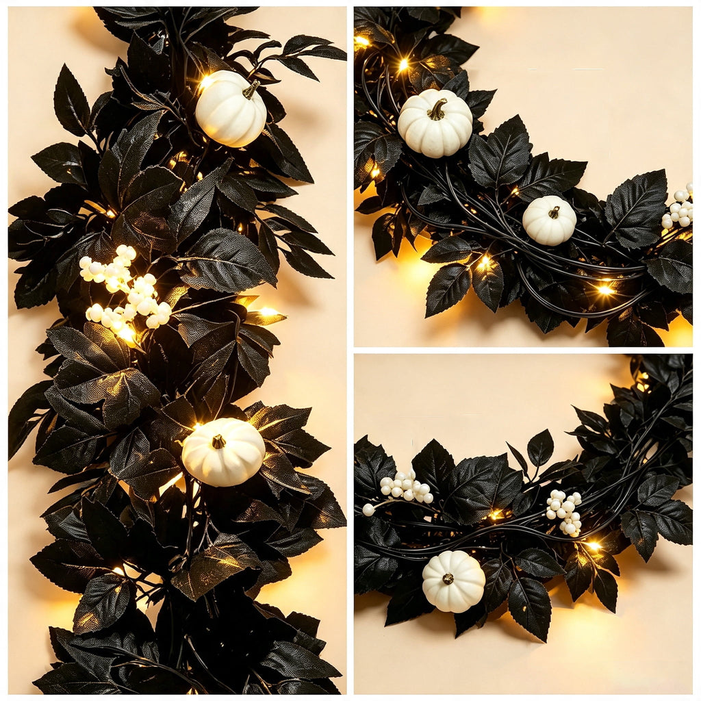 Halloween Black Garland with LED Lights 70.87 Inch Gothic Foliage for Mantel Stair Halloween Party Home Indoor Decor