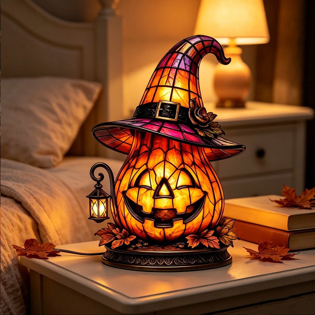 Halloween Lighted Witch Cauldron Decor Lamp, Stained Glass Witch Hat Magic Pot Night Light with Pumpkin & Potion Bottle Details, Spooky Vintage Tabletop Ornament for Mantel Living Room Party