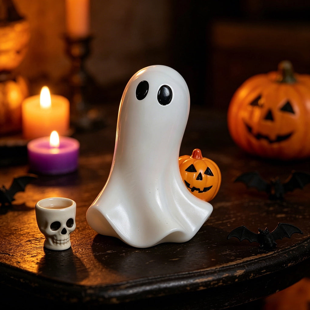 Halloween Ghost Figurine, Resin Lighted Ghost Ornament with Pumpkin Lantern & Beverage Cup, Tabletop Halloween Indoor Decor