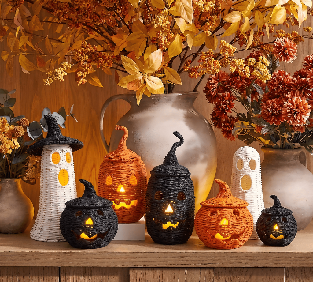 Guvpev 12" Handcrafted Woven Ghost - White Faux Rattan & Metal Ghost Figurine, Halloween Spooky Table Centerpiece & Fall Porch Decor for Indoor Outdoor