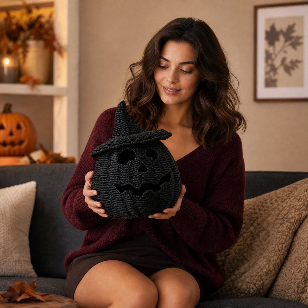 Black Woven Pumpkin Basket with Witch Hat Cover Lid, 11" Halloween Jack-O-Lantern Woven Container, Handcrafted Rattan Pumpkin Tabletop Centerpiece for Home Office Halloween Party Table