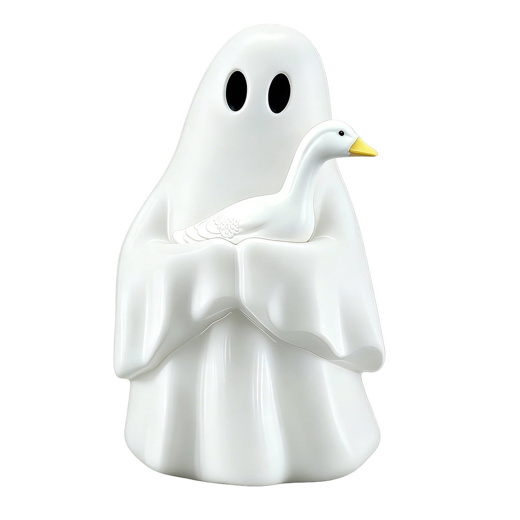Halloween Ghost Figurine, Resin Lighted Ghost Ornament with Pumpkin Lantern & Beverage Cup, Tabletop Halloween Indoor Decor