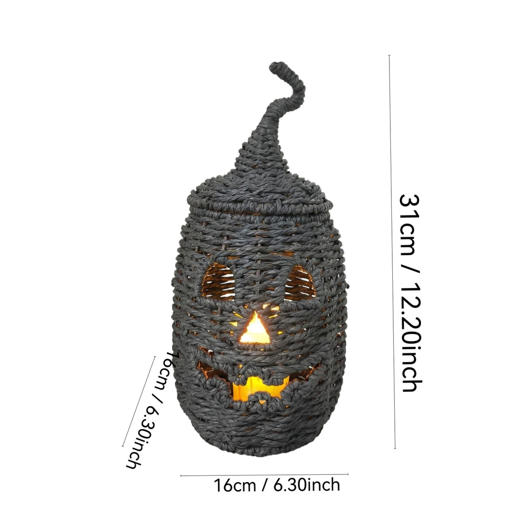 Aximioll Halloween Black Woven Jack-O-Lantern Pumpkin Decor, Hand Woven Rattan Wicker Style Statue, Trick or Treat Candy Bowl Lantern for Porch Entryway Fireplace Mantel Table, Black, 11 Inches