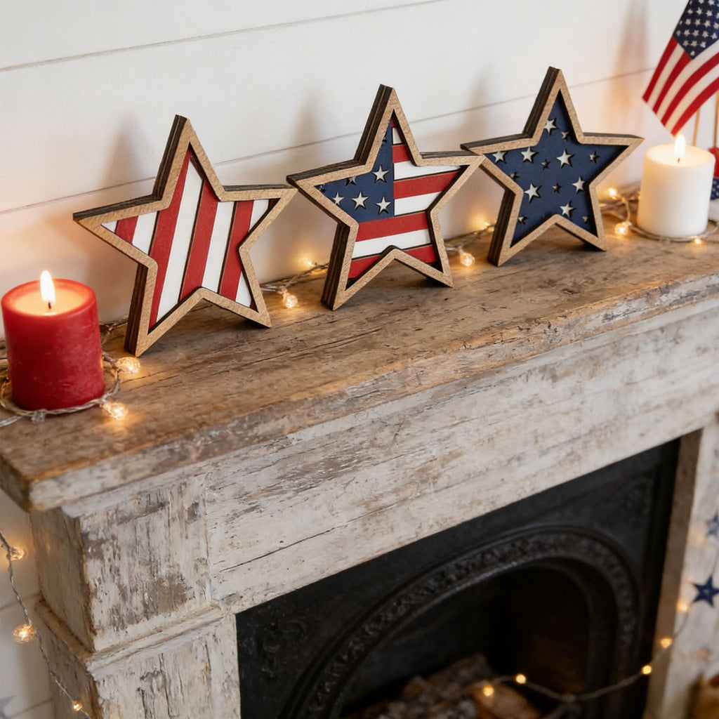 Japceit 3Pcs 4Th Of July Decorations Wooden Stars,Red White Blue Patriotic Decor, Independence Day Ornaments Set,For Home Office Table Shelf