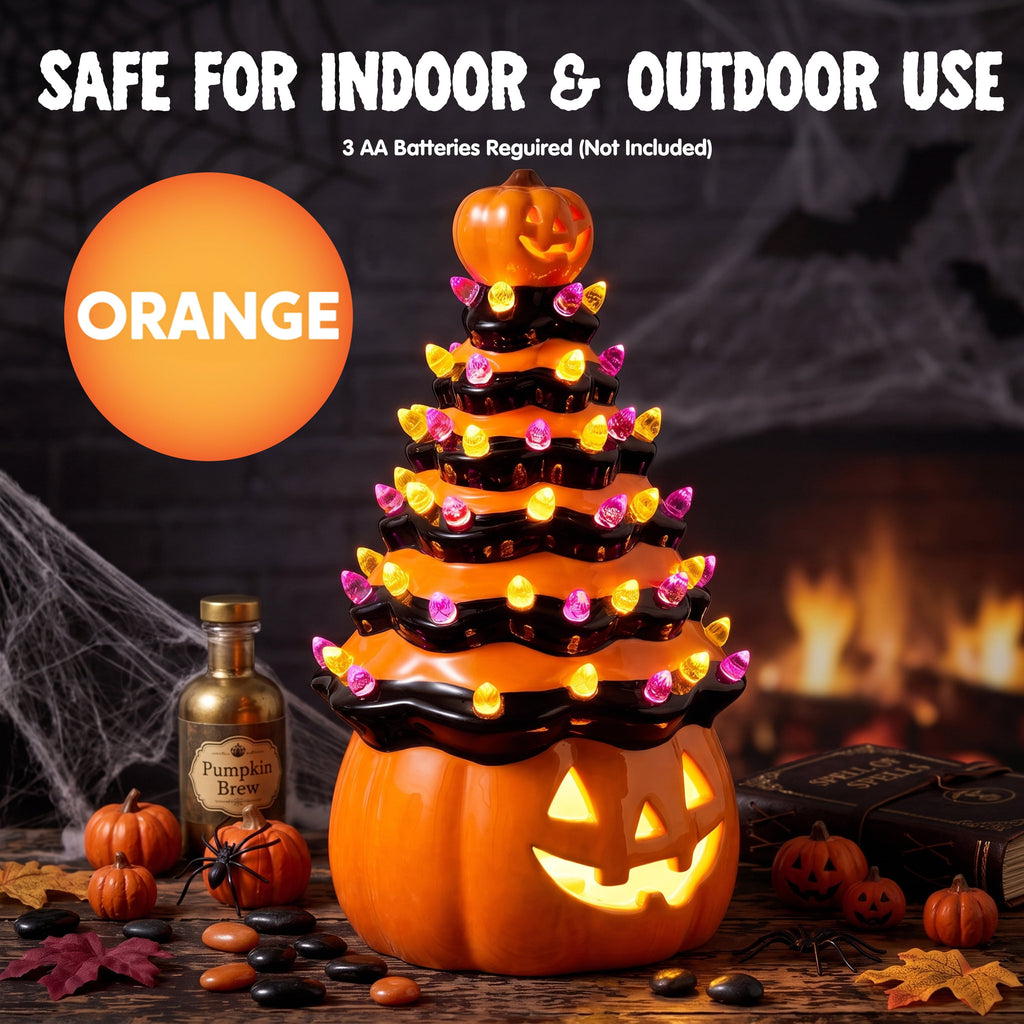 Joyfy 8.5 inch Halloween Decorations Ceramic Gnome Tree Decorations with Build-in LEDs,Light Up Pumpkin Table Decor Bedroom Indoor Centerpieces for Tables