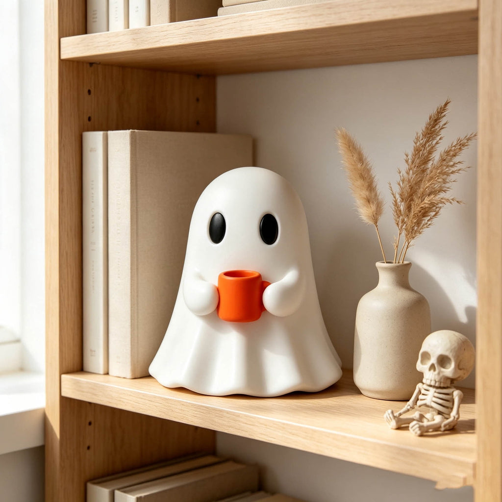 Halloween Ghost Figurine, Resin Lighted Ghost Ornament with Pumpkin Lantern & Beverage Cup, Tabletop Halloween Indoor Decor