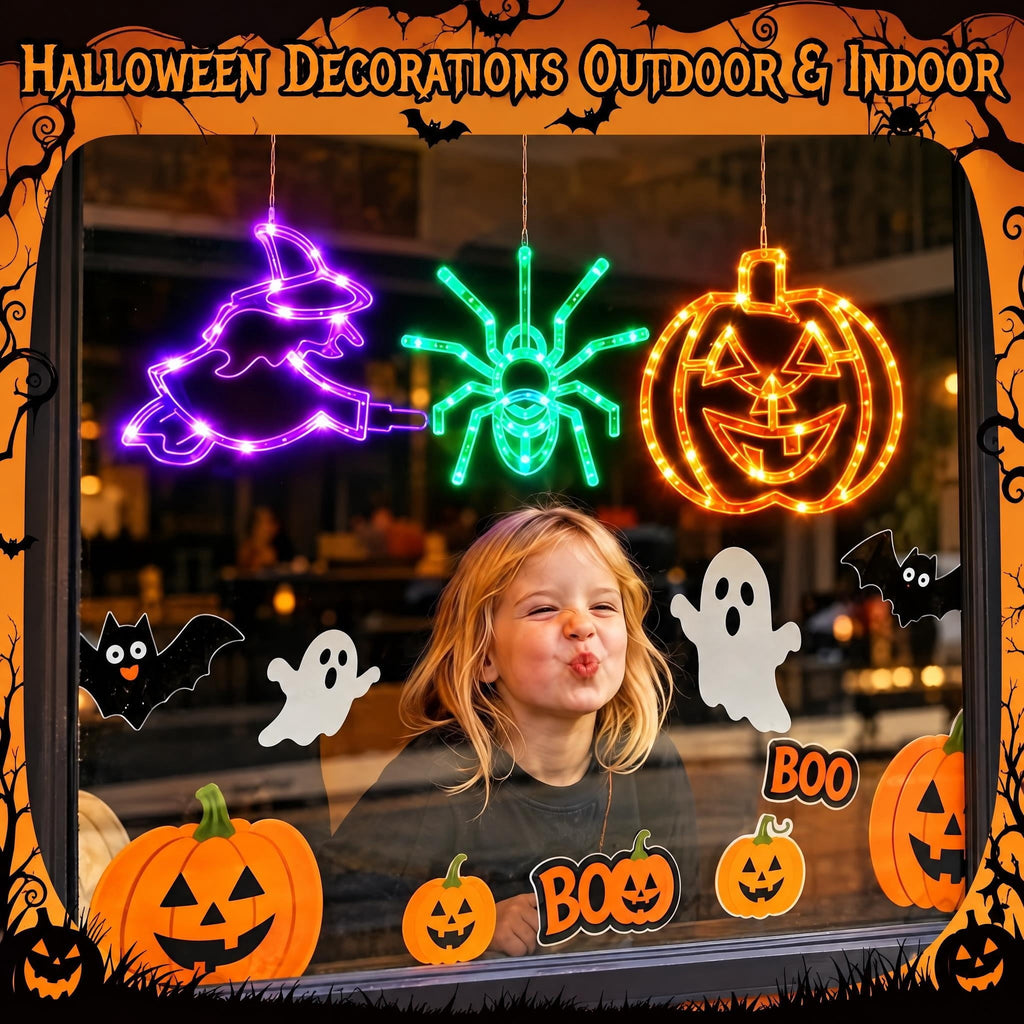 HiberyHom Halloween Lights, 4 Pack Witch Pumpkin Spider Grimace Halloween Decor Lights, Battery Operated Window Lights with Timer
