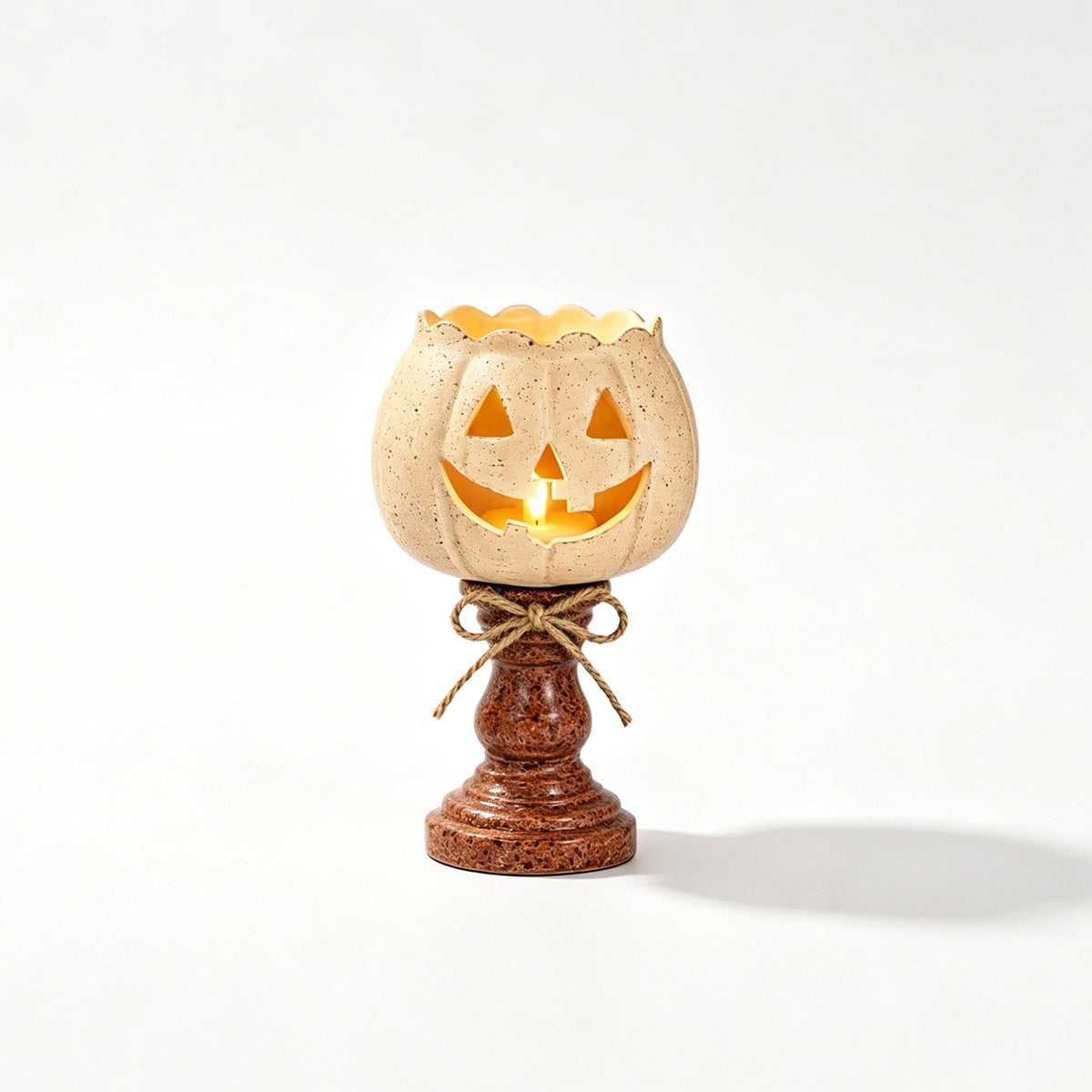 Halloween Lamp Indoor Tabletop Decorations, LED Lighted Wooden Pumpkin with Vintage Pedestal Stand and Rope Bow, 8.7 Inch Rustic Halloween Decor for Home Mantel Entryway