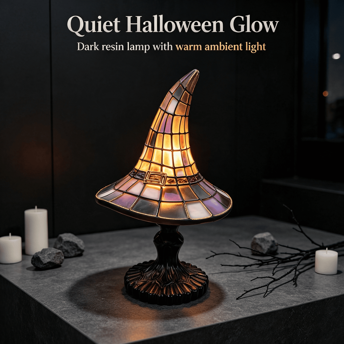 Stained Glass Witch Hat Lamp Gothic Halloween Lighting Decor, Vintage Witchy Hats Night Lights, Handcrafted Retro Resin Table Lamp for Bedroom, Living Room & Home Decor