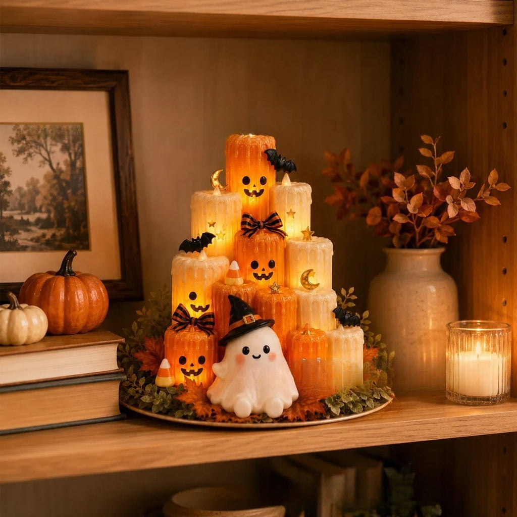 Halloween Ghost Pumpkin LED Candle, Halloween Tabletop Decor with Flickering Warm Light