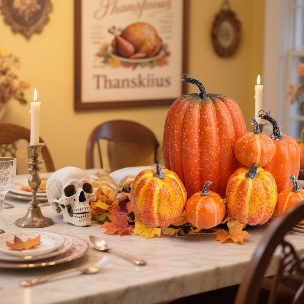 Fall+Decorations,Outdoor Pumpkins for Porch,7pcs Halloween Decorative Pumpkin Model Realistic Looking Simulation Ornament Good For Party Decorations Display(Orange 7pcs/Set 8"-3")