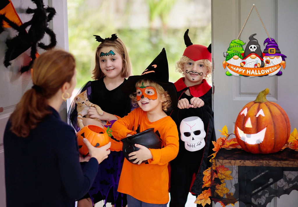 WaaHome Halloween Door Decorations for Front Door Happy Halloween Door Signs Halloween Decor Sign Halloween Gnome Wreaths Sign for Front Door Home Porch Wall Indoor Outdoor Halloween Party Decorations
