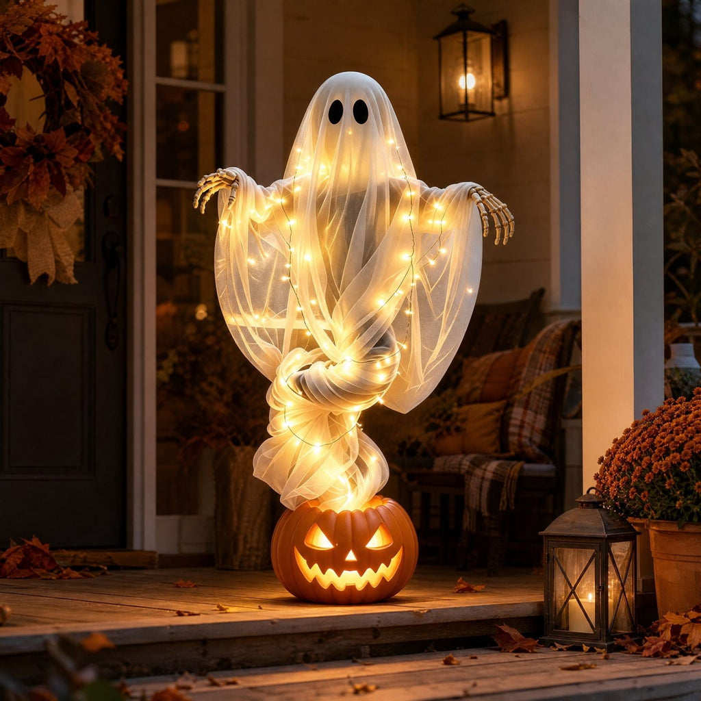 Luckky Swirling Ghost Pumpkin Yard Lamp,Lighted Spooky Ghost Statue with Warm Light,Waterproof Outdoor Ornament for Porch,Pathway,Lawn & Garden,Fall Autumn Halloween Party Decor