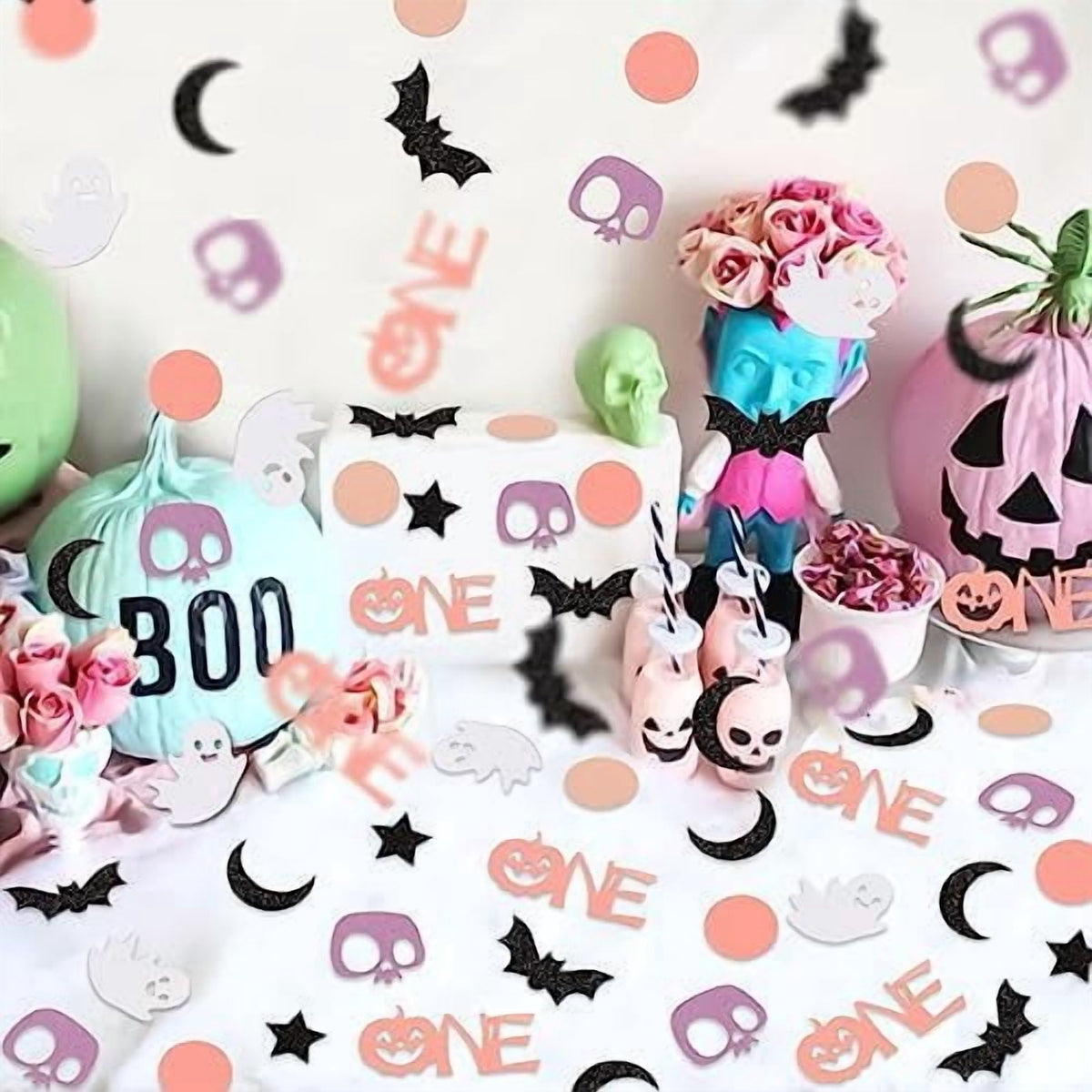 200 Piece Halloween 1st Birthday Confetti Pink Purple Pastel Bat Ghost Pumpkin Decorations for Spooky One Party